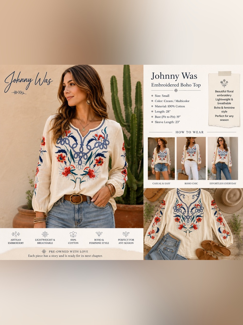 Johnny Was Embroidered Floral Boho Cotton Peasant Top Cream Small - Picture 2 of 11